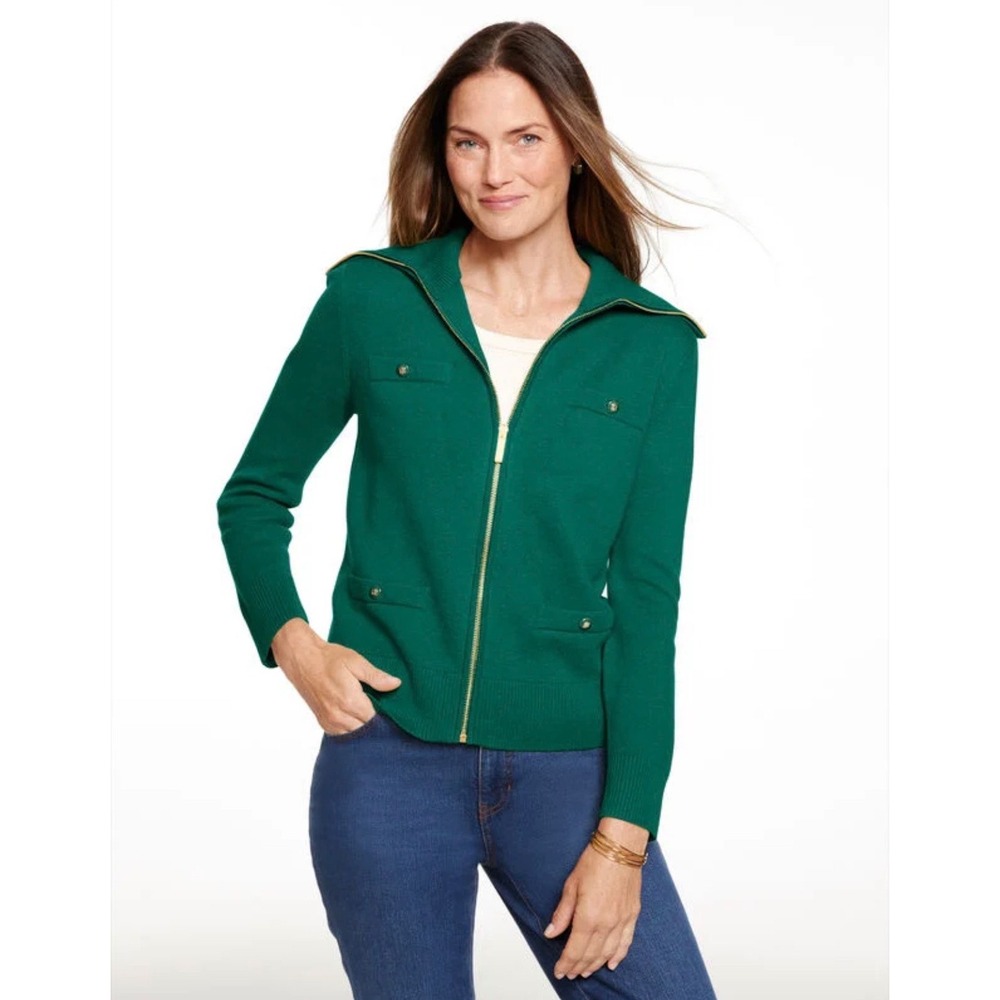 Talbots Womens Forest Green Full Zip Cardigan Sweater Gold Crest Buttons Large